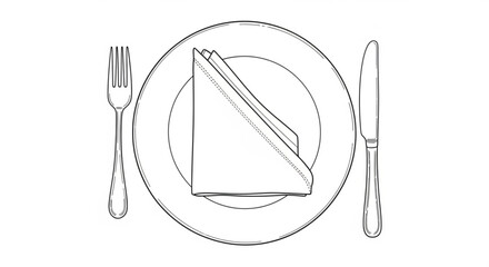 One Line Art Dining Set: Minimalist Plate with Napkin and Cutlery Vector