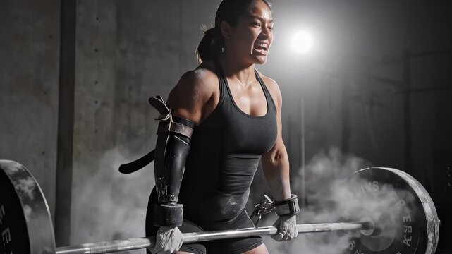 Determined Woman With Prosthetic Arm Lifting Heavy Barbell in Gym