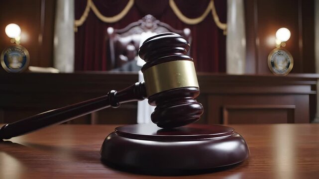 Gavel on a wooden desk in a courtroom setting.