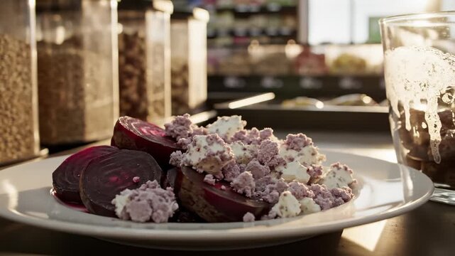 Serving Plate of Beet Salad Topped With Crumbled Goat Cheese in a Restaurant