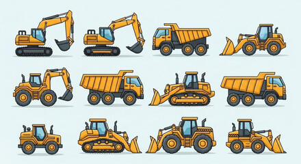 Construction Vehicle Icon Set: Yellow Excavator Bulldozer and Dump Truck