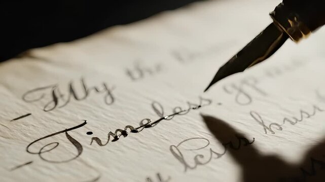 Close-up of a hand writing with a fountain pen on paper.