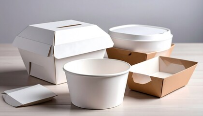 Assorted white and brown paper food containers on a light wooden surface, studio shot