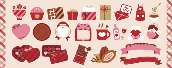 Obraz premium バレンタインデーのバレンタインチョコレートやラッピング、チョコレートボックスなどのシンプルなフラットイラストセット:プレゼントボックス・箱