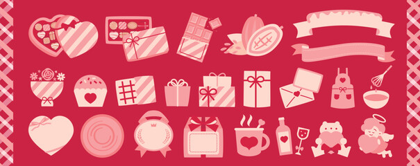 バレンタインデー用バレンタインチョコ・チョコレート、チョコレートボックス、ラッピングイラストやフレーム:バレンタインのかわいいフラットアイコン