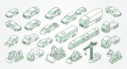 Modern Transportation Vector: Green Line Art Vehicles and Construction Machines