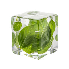 "Fresh Basil Leaves Frozen in Clear Ice Cube &ndash; Herb Preservation Refreshing Concept"
