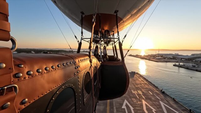 Vintage Steampunk Airship Flying Above Industrial Port at Sunset