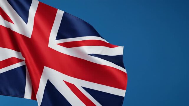United Kingdom flag waving against a clear blue sky, symbolizing national pride and freedom with vibrant colors and dynamic movement
