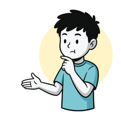 Obraz premium Thoughtful cartoon boy pondering question, hand gesturing to present or inquire for explanation