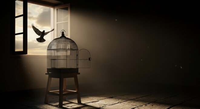 Bird gains freedom flying out of open cage by window