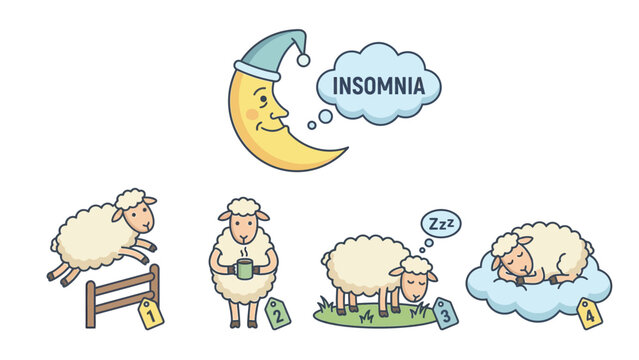 Whimsical cartoon illustration depicting the concept of insomnia, featuring a crescent moon contemplating sleeplessness and four sheep in various states related to sleep.