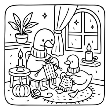 A cozy indoor scene where two ducks knit together, surrounded by a plant, a candle, and a pumpkin, creating a warm, playful atmosphere.