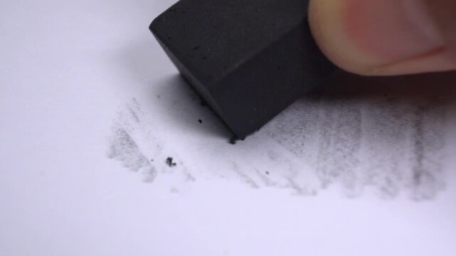 A close-up view of a hand holding an eraser, meticulously removing pencil marks from a sheet of paper with visible precision