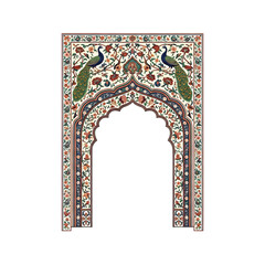 "Ornate Mughal Arch with Peacock Motif &ndash; Intricate Islamic Mosaic Floral Design"