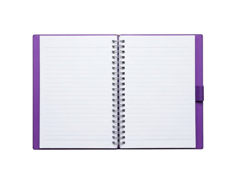 Open notebook with purple binding isolated on transparent background