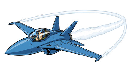 Blue fighter jet in flight with pilot inside cockpit vector illustration dynamic motion white background