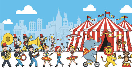Obraz premium Vibrant cartoon circus parade with marching band dancers and trained animals outside a red and white striped tent