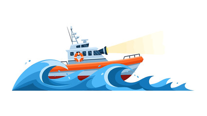 Vibrant orange rescue boat sailing through turbulent blue waves with white cabin and bright light beam