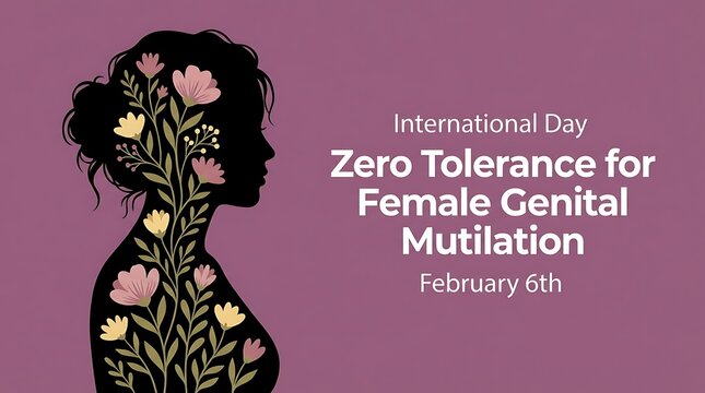 International day zero tolerance for female genital mutilation awareness poster graphic design with silhouette woman body filled with flowers and text February sixth