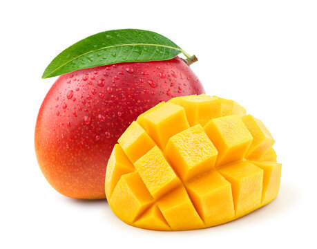 Ripe mango with slice isolated on white background.