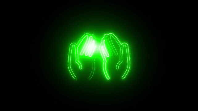 Glowing neon human hands reaching forward in dark futuristic digital space green light effect 3d rendering