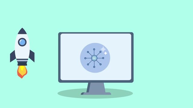 Flat illustration of a computer monitor displaying an AI system launch dashboard with rocket growth icon. Modern concept for artificial intelligence, startup launch, and digital workflow.
