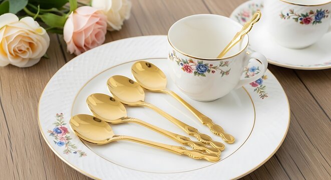 Elegant Table Setting with Gold Plated Teaspoons and Vintage Floral Porcelain
