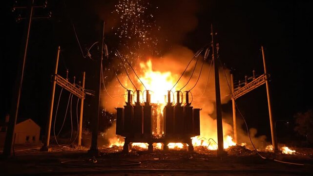 Exploding electrical transformer night scene flames sparks power failure