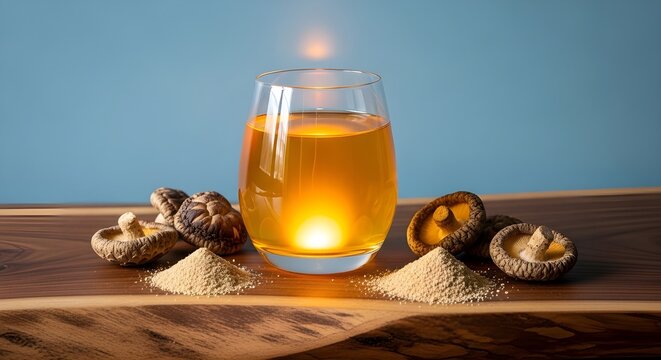 Golden adaptogenic mushroom elixir glows in a modern glass on rustic  brown wood, surrounded by powder and shiitake, radiating natural wellness blue wall background 
