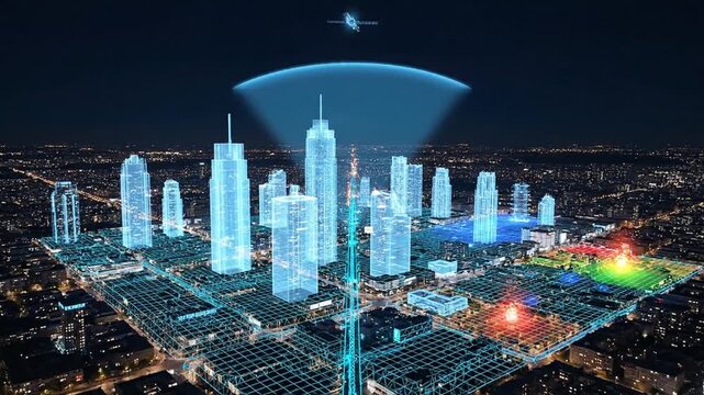 Dynamic thermal digital city planning and monitoring with advanced data visualization, showcasing a futuristic urban landscape powered by remote sensing technology