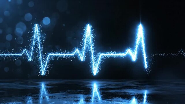 Heartbeat pattern visualization on digital screen with futuristic glowing effect and reflection on dark surface