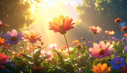 A vibrant meadow bathed in warm sunlight, filled with colorful flowers and lush green foliage