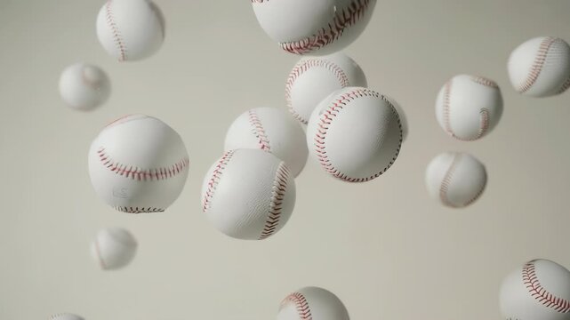 A collection of baseballs floats in mid-air against a soft, muted background, some in focus