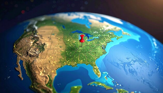 An artistic 3D rendering of a globe focused on North America, featuring a prominent red pushpin marking a central location in the United States, illustrating concepts of travel and geography.