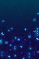 Obraz premium Glowing blue circuit lines with gears and microchips in vertical pattern
