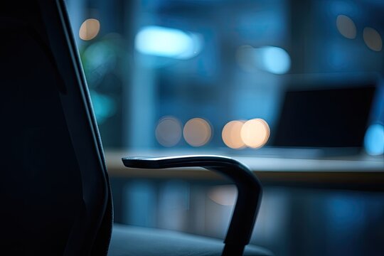 A dark office chair armrest with blurred city lights at dusk outside