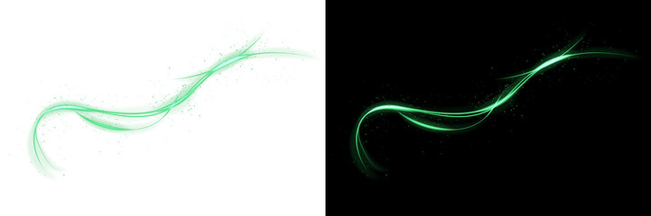 Magic flowing green light trail sparkles against a transparent background. elegant abstract wave filled with glowing particles, motion, and a sense of luxury and energy. sparkling stars and dust. © Thuin_prodesign