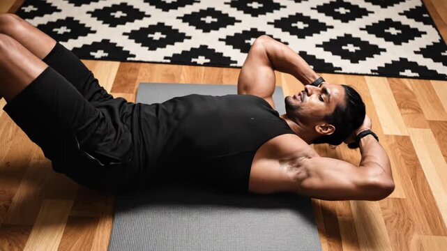 A man doing crunches on a yoga mat in a room