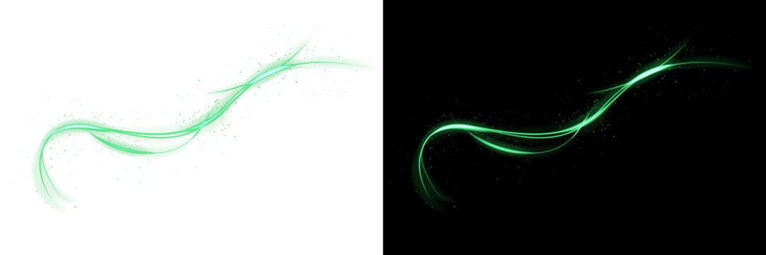 Magic flowing green light trail sparkles against a transparent background. elegant abstract wave filled with glowing particles, motion, and a sense of luxury and energy. sparkling stars and dust.