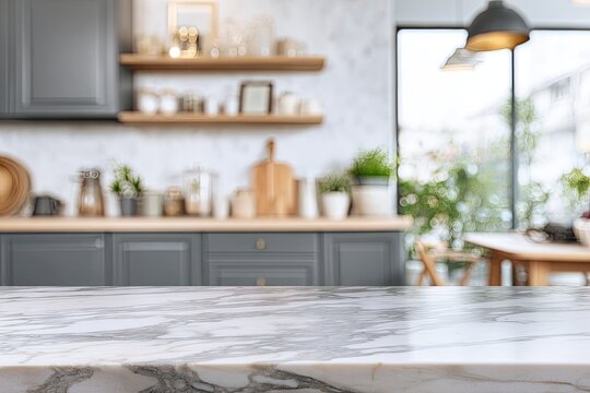 Blurred modern kitchen interior with marble countertop and open shelving