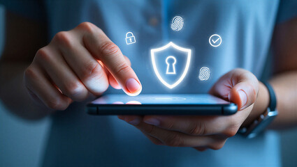 person holding smartphone with security icons on screen