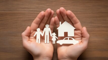 Hands Holding Symbols of Family, Home, and Car on a Wooden Background for Representation of Care and Protection