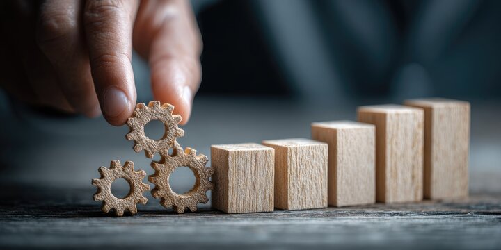 Wooden gears and blocks create a visual metaphor for progress and teamwork