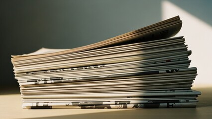 Stack of old newspapers, warm light casting shadows