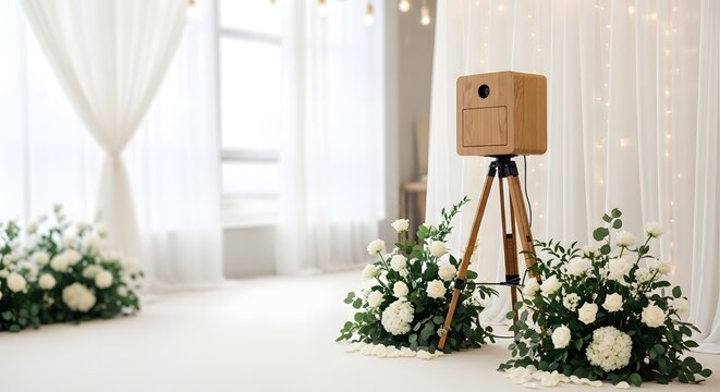A modern wooden photography booth setup for a stylish wedding fair visit, offering interactive guest entertainment and a memorable celebration concept