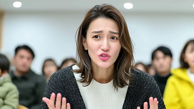 驚きと当惑の表情で意見を訴える日本人女性社員