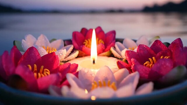 Serene evening scene of a floating floral candle decoration on calm water during sunset with silhouettes in the background