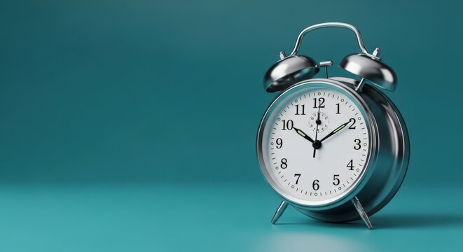 Modern silver alarm clock on teal background with white face