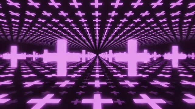 Glowing purple plus signs on black background in tunnel effect